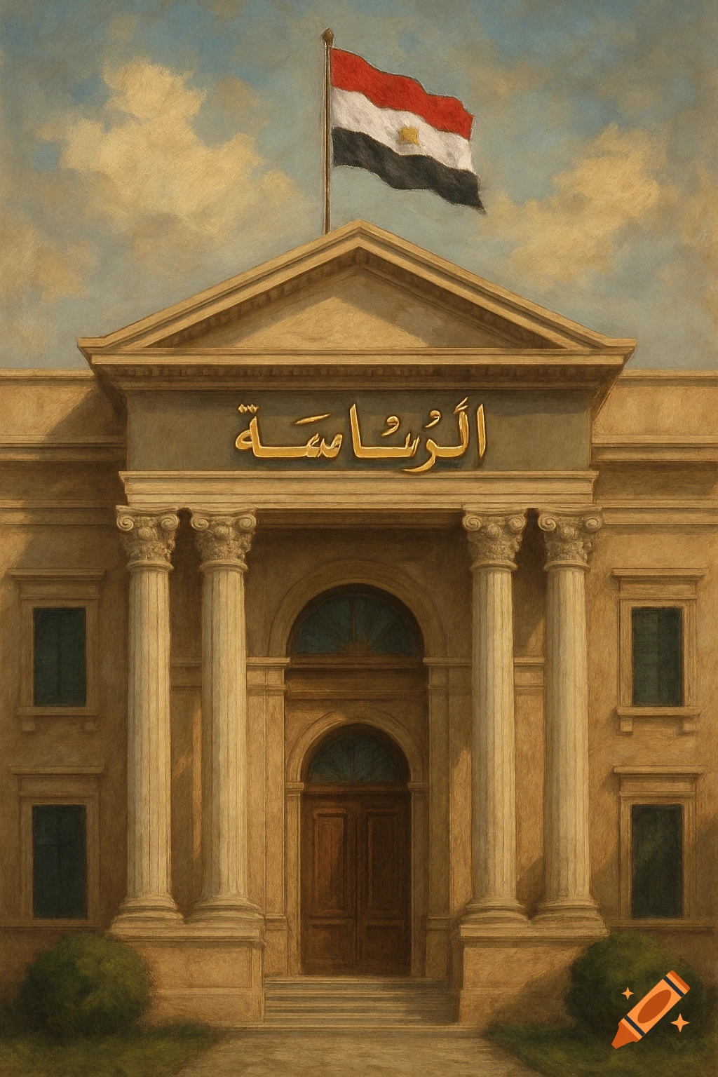 A classical style building with pillars and a large entrance, topped by a waving Egyptian flag, in a painterly style.