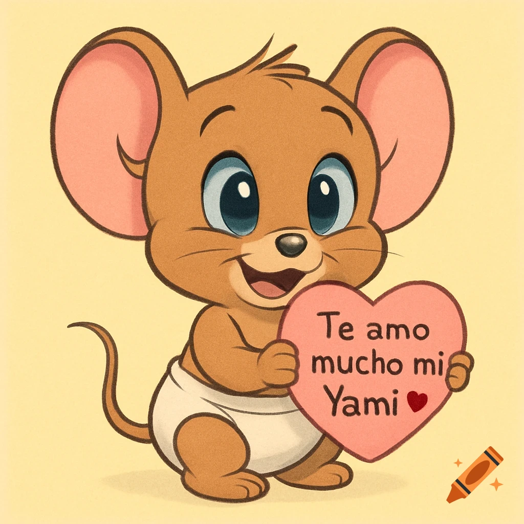 A cute baby cartoon mouse, like Nibbles, in a diaper holding a pink heart card with 'Te amo mucho mi Yami ❤️' on a light yellow background.