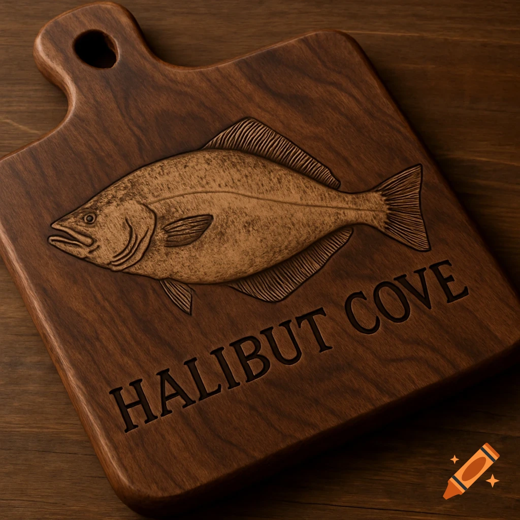 Walnut cutting board with an engraved halibut and 'HALIBUT COVE' text.