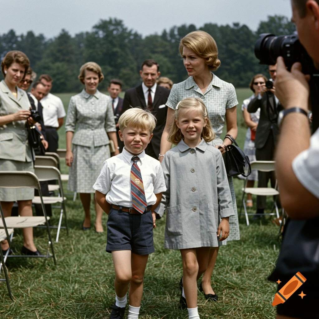 1960s photo of a blonde boy in shorts and tie with his sister and mother walking in a grassy field with people and chairs.