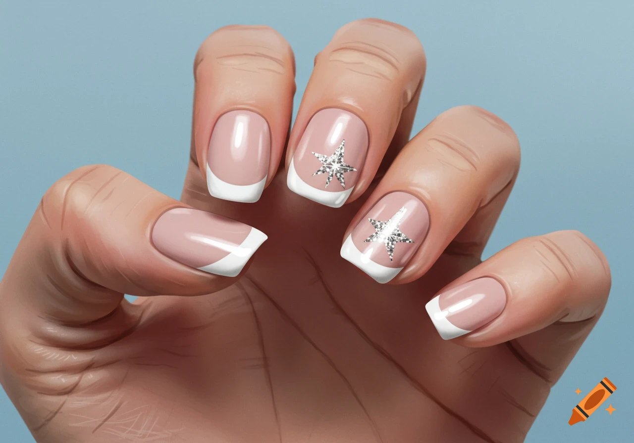 Close-up of a hand with pink and white French tip manicure. Two nails have sparkling silver star designs.