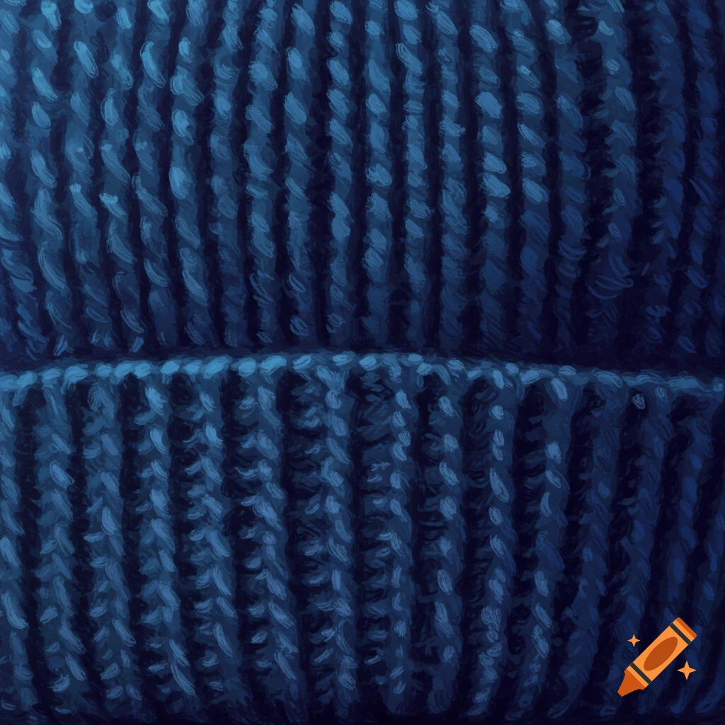 Close-up of a dark blue ribbed knitted fabric texture, resembling a beanie.