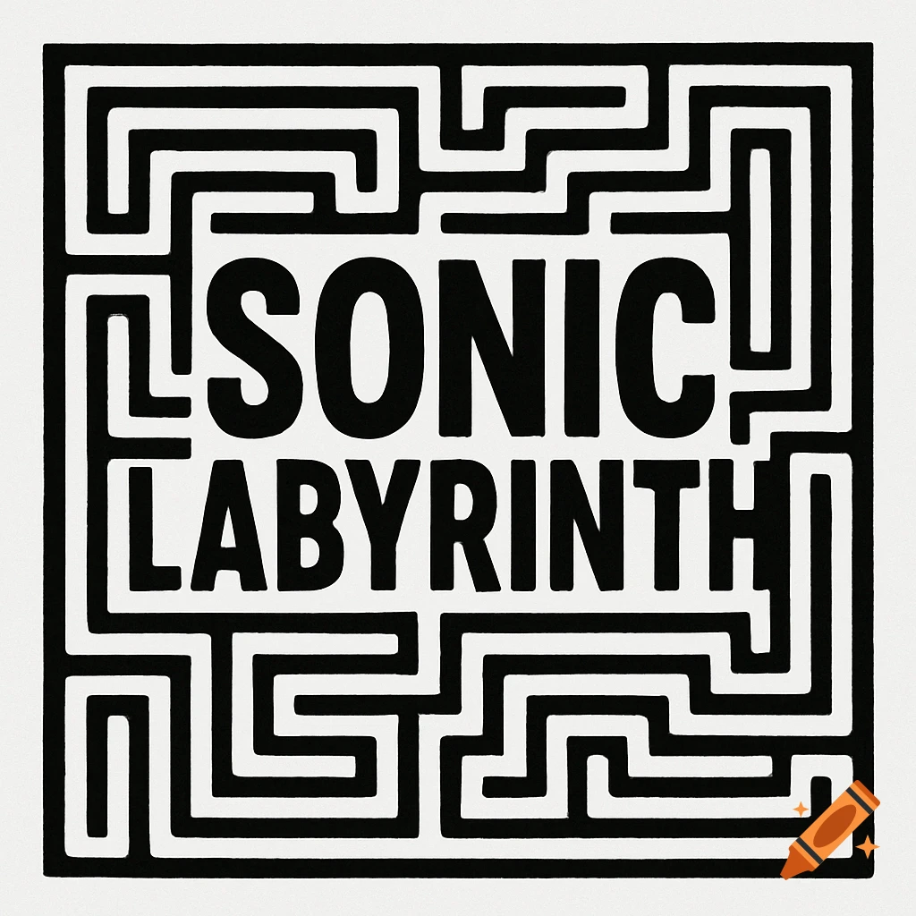 Black and white graphic of the words 'SONIC LABYRINTH' integrated into a geometric maze design.