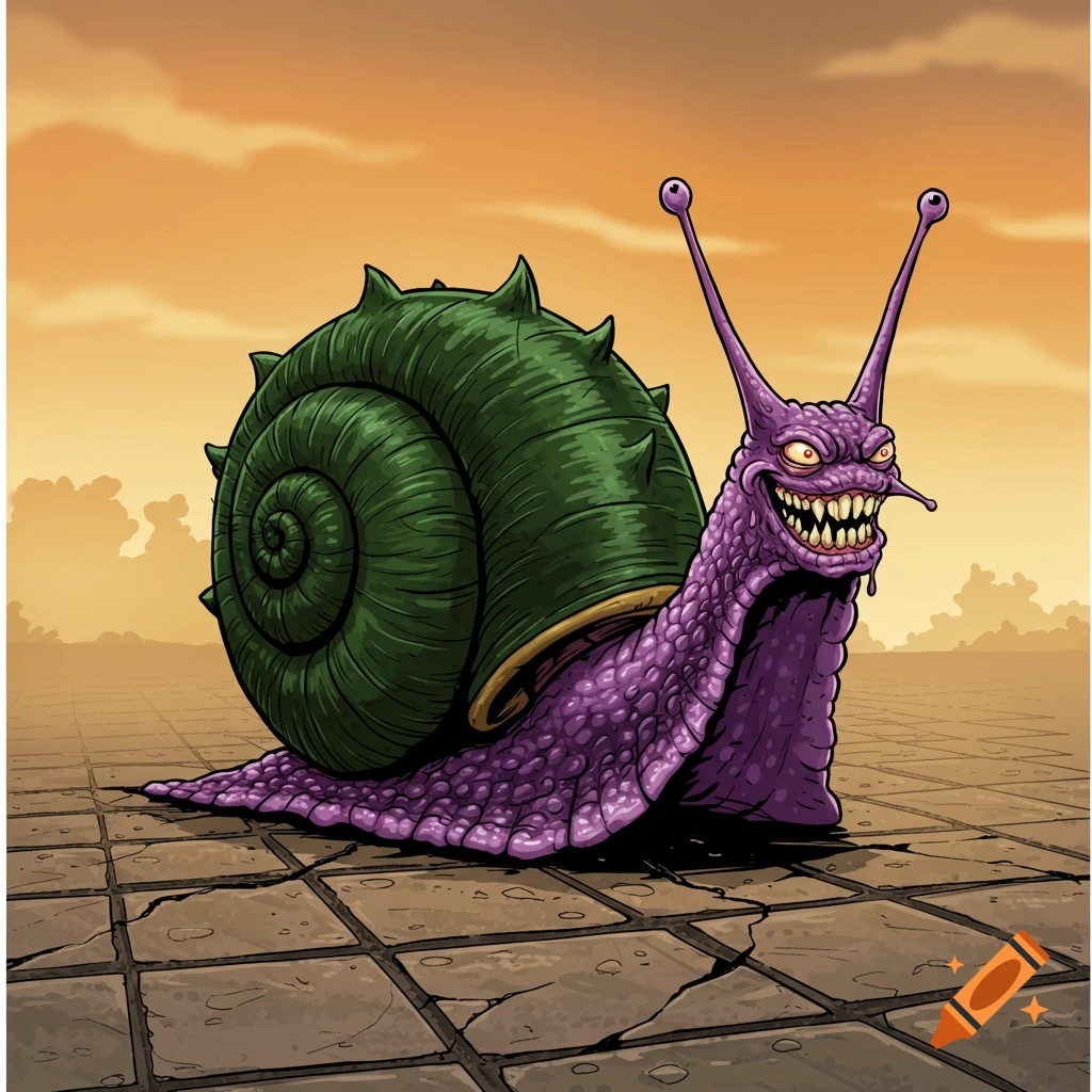 A purple, evil-looking snail with a spiked green shell stands on cracked ground under an orange sky, in a comic book style.