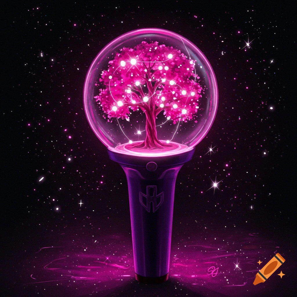 A purple K-pop light stick with a glowing pink wishing tree inside a clear orb, set against a dark starry background.