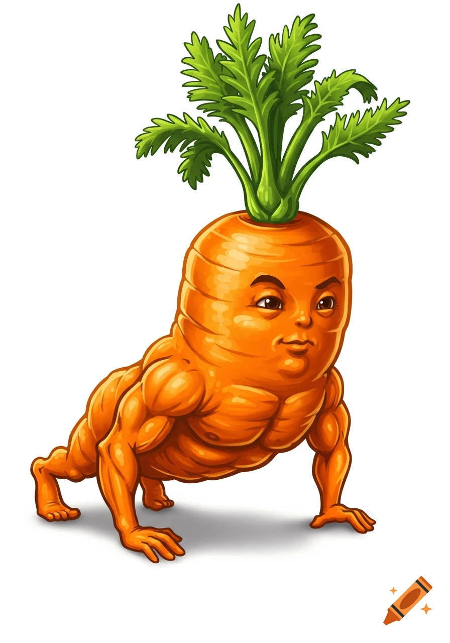 A cartoon muscular carrot with a human face doing push-ups.