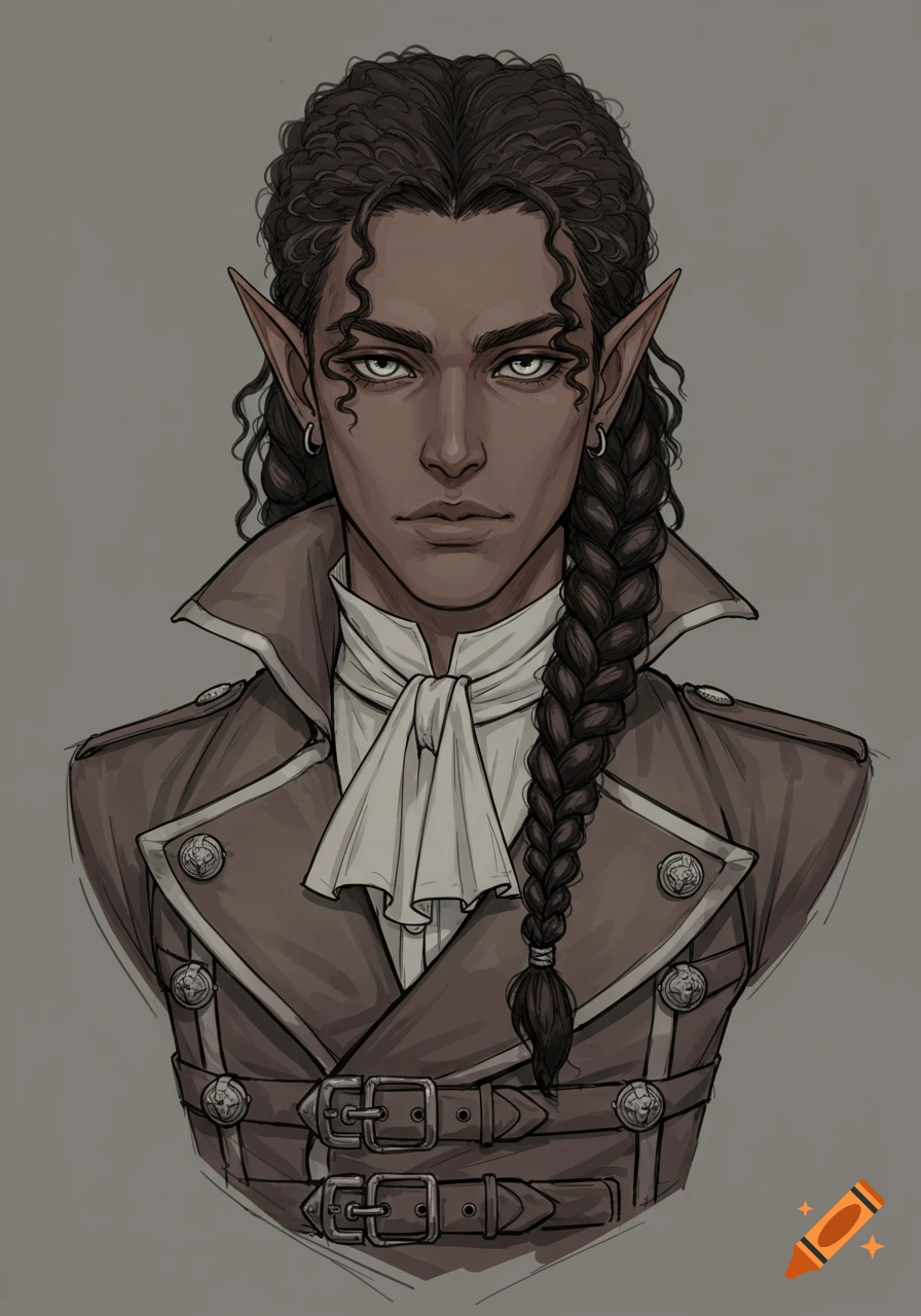 A sketch style portrait of a dark-skinned male elf with curly dark hair and a long braid, wearing a steampunk-inspired jacket.
