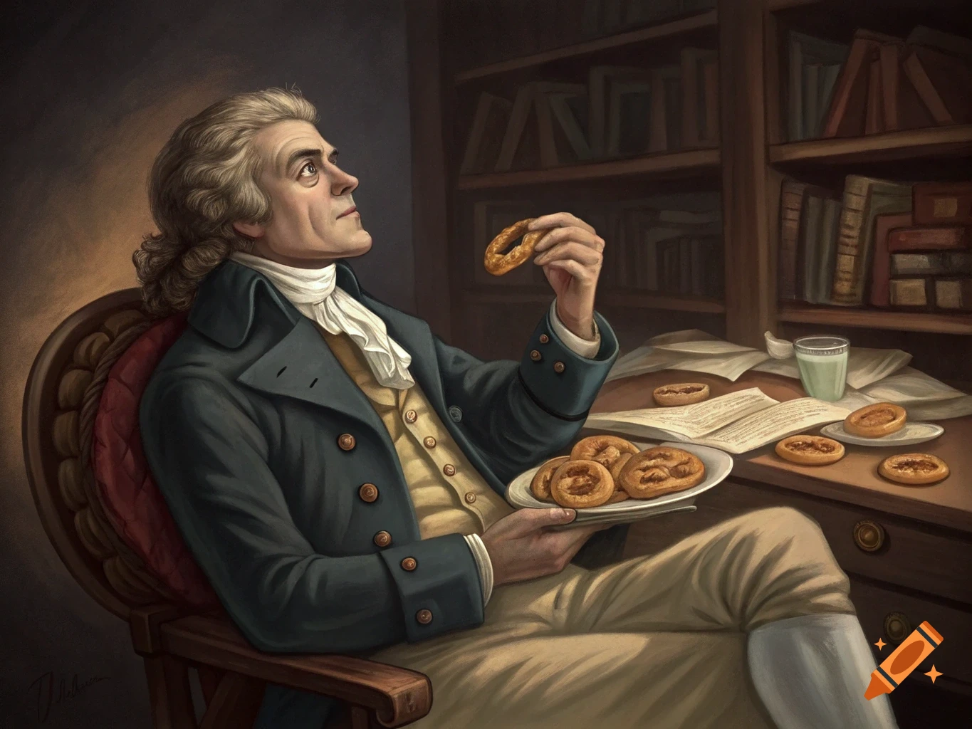 A man in 18th-century attire sits in a study, holding a pretzel and a plate of pastries, looking thoughtfully upwards.