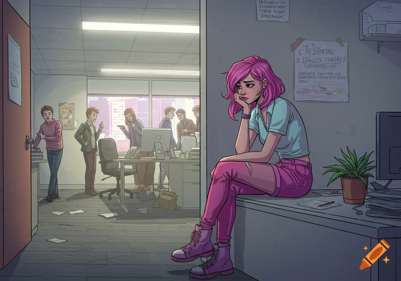 A sad woman with pink hair sits on an office desk, while colleagues work in the background, in a comic book style.