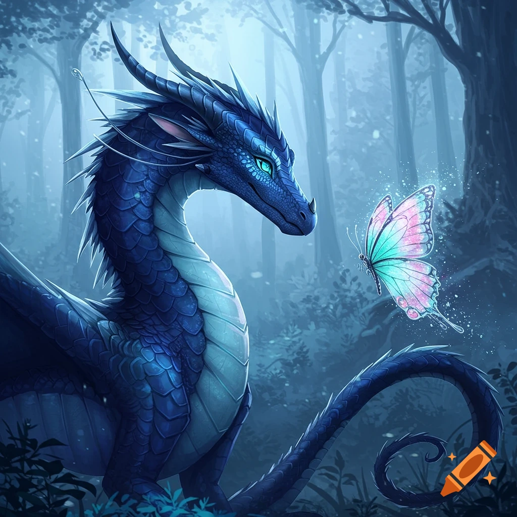 A majestic blue dragon with glowing eyes observes a luminous pink and blue butterfly in an enchanted misty forest.