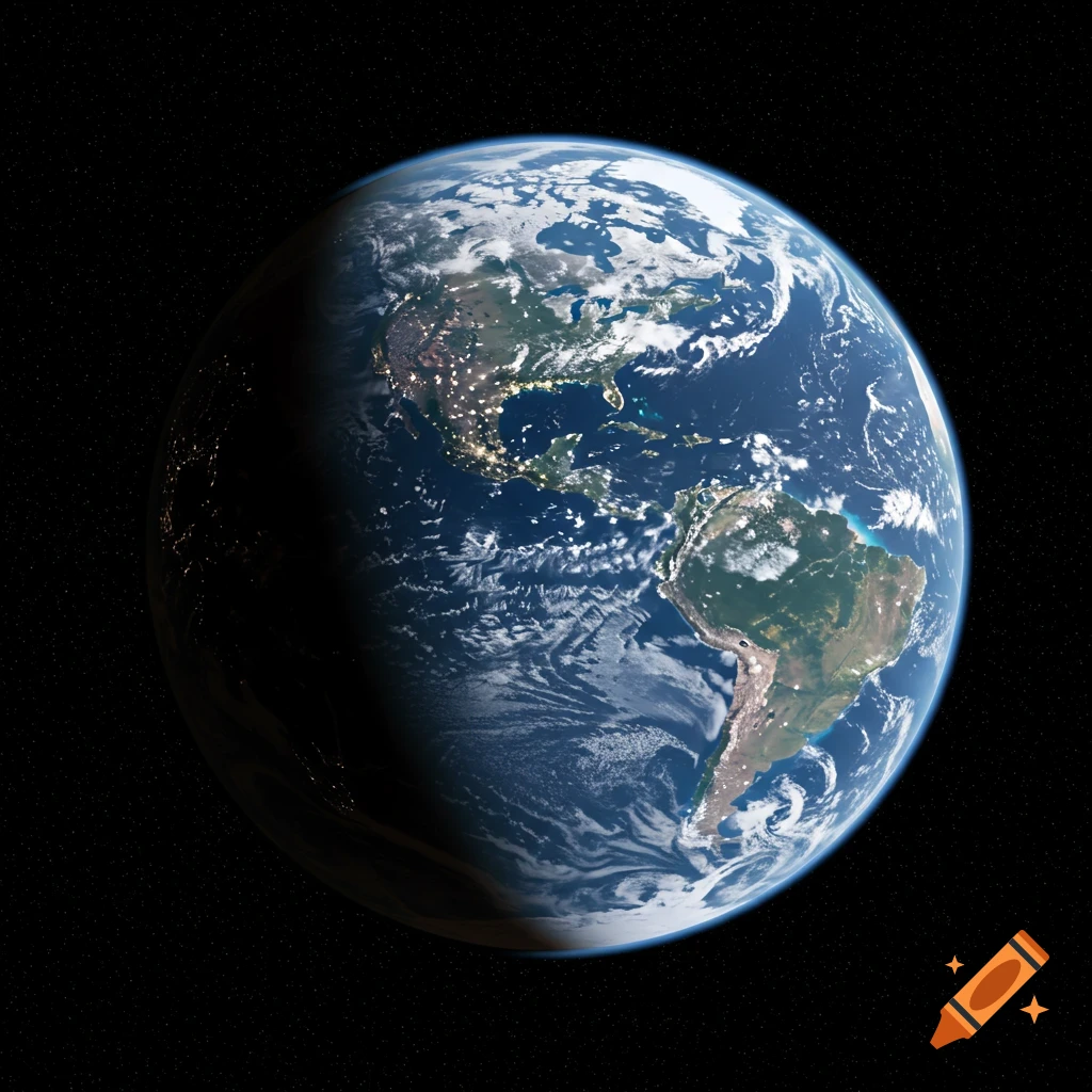 A detailed view of planet Earth from space, showing North and South America, with city lights visible on the night side.