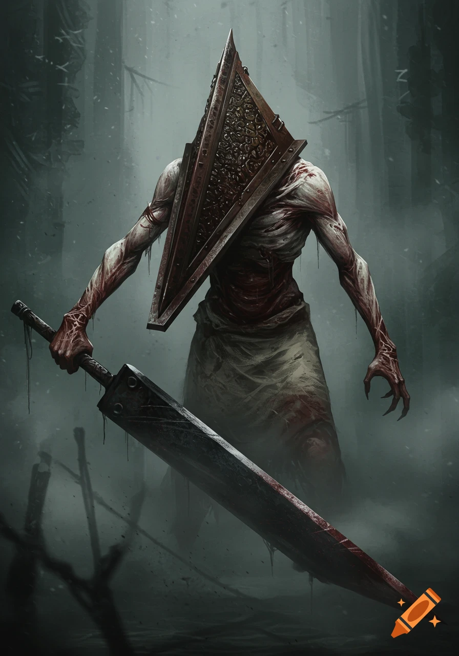Pyramid Head, a Silent Hill monster with a pyramid helmet and bloody body, stands in a misty, dark environment holding a greatsword.