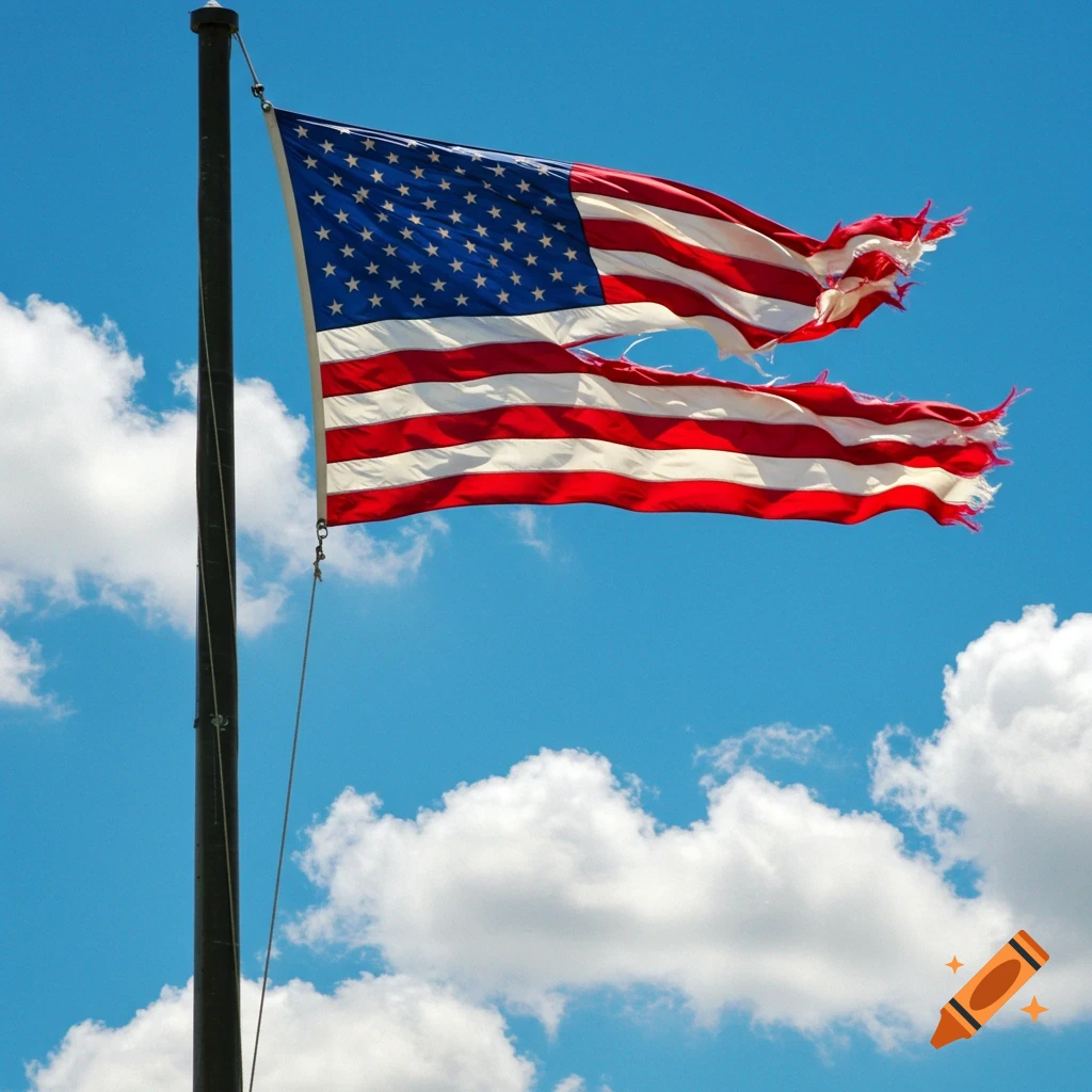 A tattered American flag waves on a flagpole against a blue sky with white clouds.