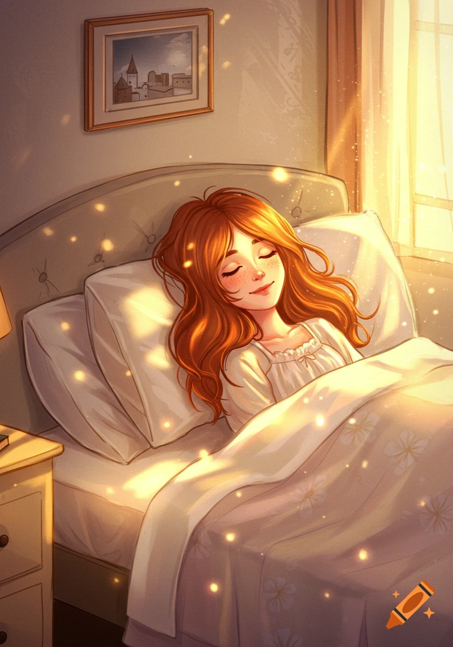 Illustrated girl with red hair sleeping in bed bathed in golden morning light.