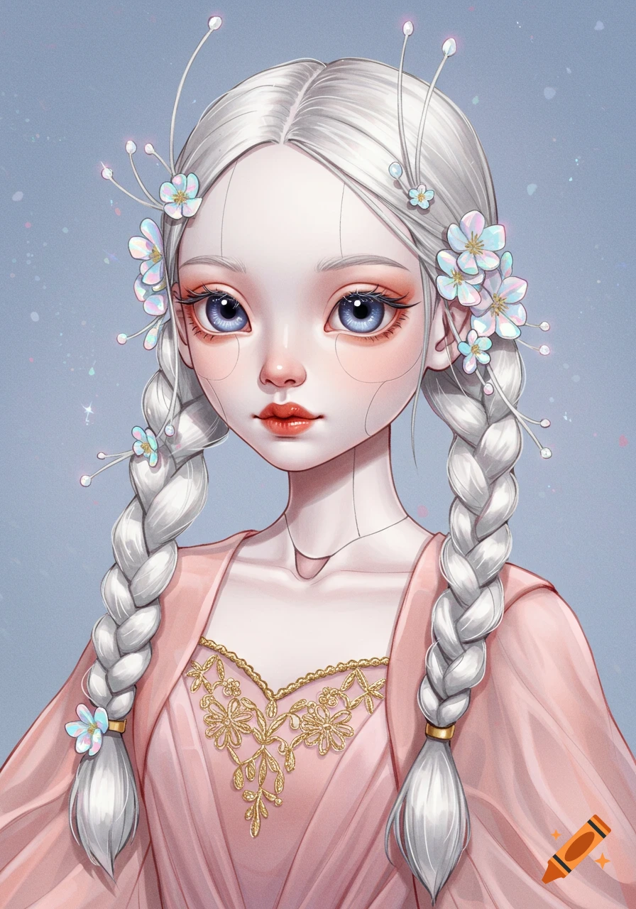 A doll-like character with white braids, blue eyes, and delicate flowers in her hair, wearing a pink and gold embroidered dress.