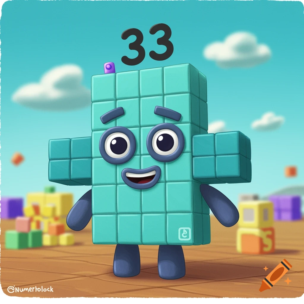 A teal cartoon character made of blocks, shaped like a plus sign, smiling with large eyes. The number "33" floats above its head. Blurred colorful blocks are in the background under a blue sky.