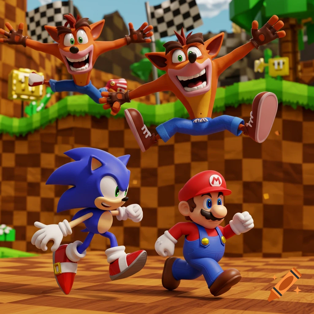 Mario and Sonic run on a checkered brown terrain, while two Crash Bandicoots jump above them in a vibrant 3D scene.
