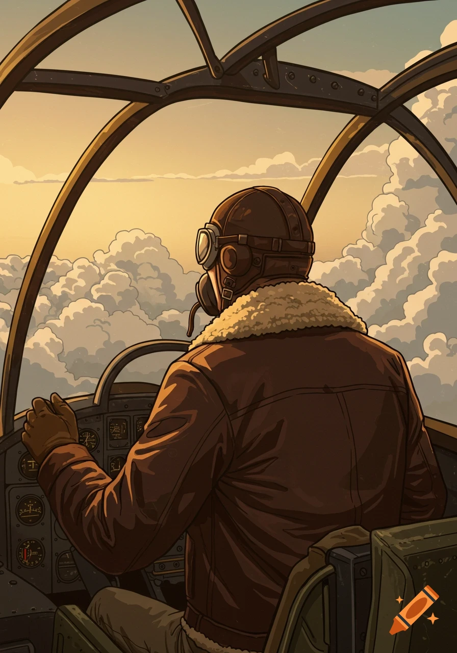 An illustration from behind a retro pilot in a brown leather jacket and goggles, flying a plane through clouds at sunset.