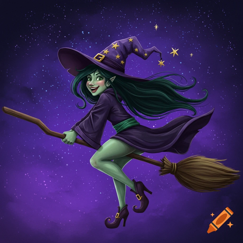 A green-skinned witch with dark green hair, wearing a purple dress and hat,  smiles while flying on a broomstick against a starry purple night sky in a  whimsical illustration. on Craiyon