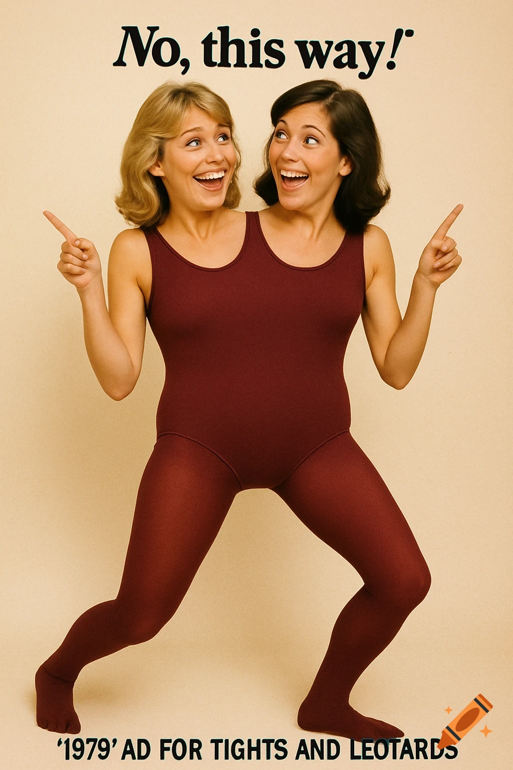 A vintage ad shows two smiling women, sharing one maroon leotard and tights, pointing in opposite directions. Text reads 'No, this way!' and ''1979' AD FOR TIGHTS AND LEOTARDS'.