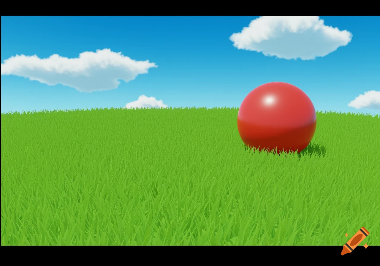 A bright red ball sits on a green grassy cartoon field under a blue sky with white clouds.