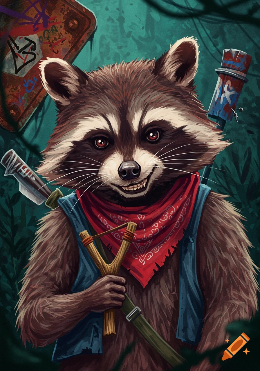 An illustrated portrait of a stylized raccoon with red eyes, a red bandana, and a blue vest, holding a slingshot.