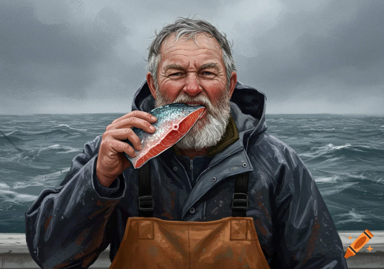 A grizzled fisherman in a rain slicker enthusiastically bites into a large, raw piece of fish while on a boat in a stormy sea.