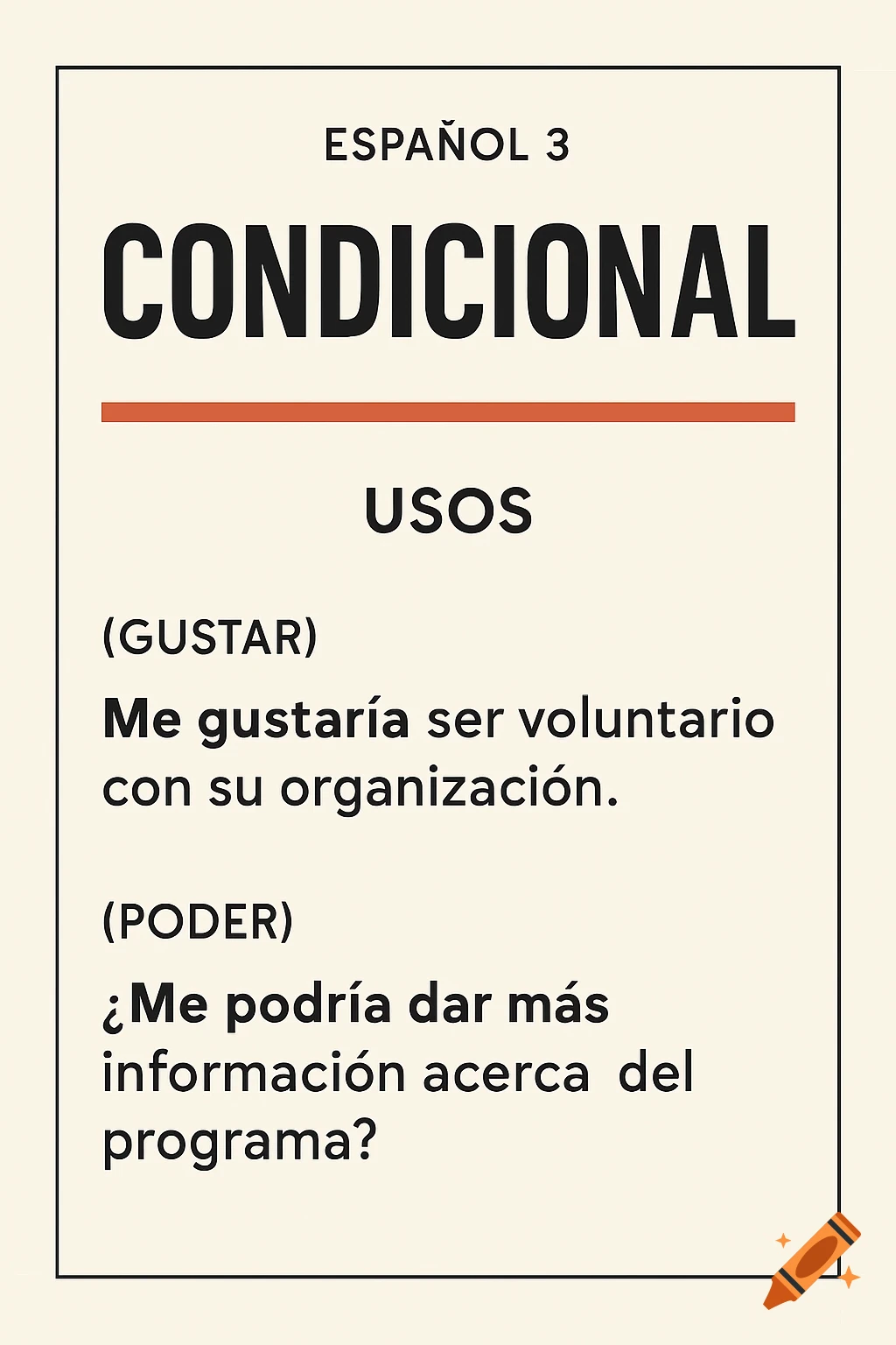 A minimalist educational poster for Spanish 3 students, showing the conditional tense with examples for 'gustar' and 'poder'.