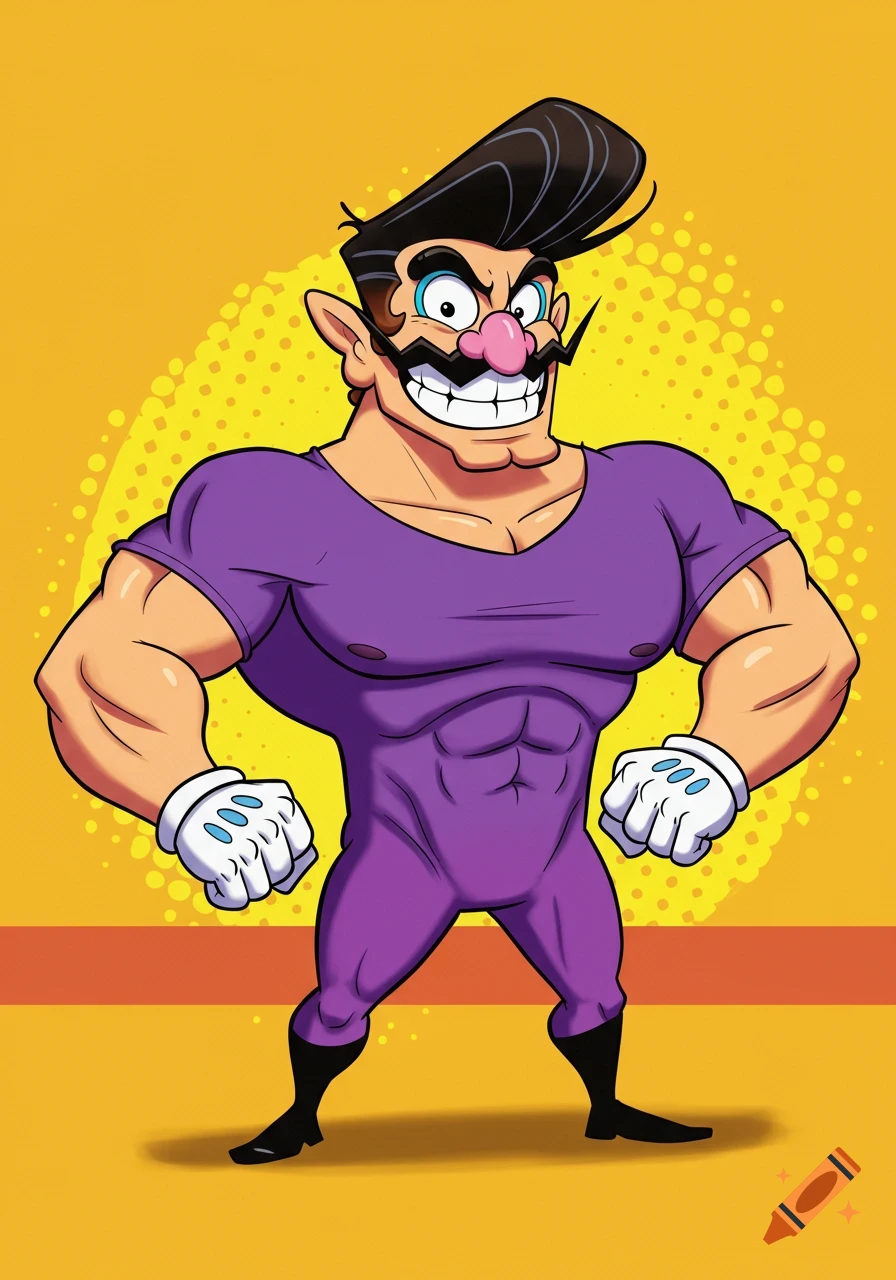Muscular Wario in a tight purple bodysuit, in the style of Johnny Bravo, standing on a yellow and red background.