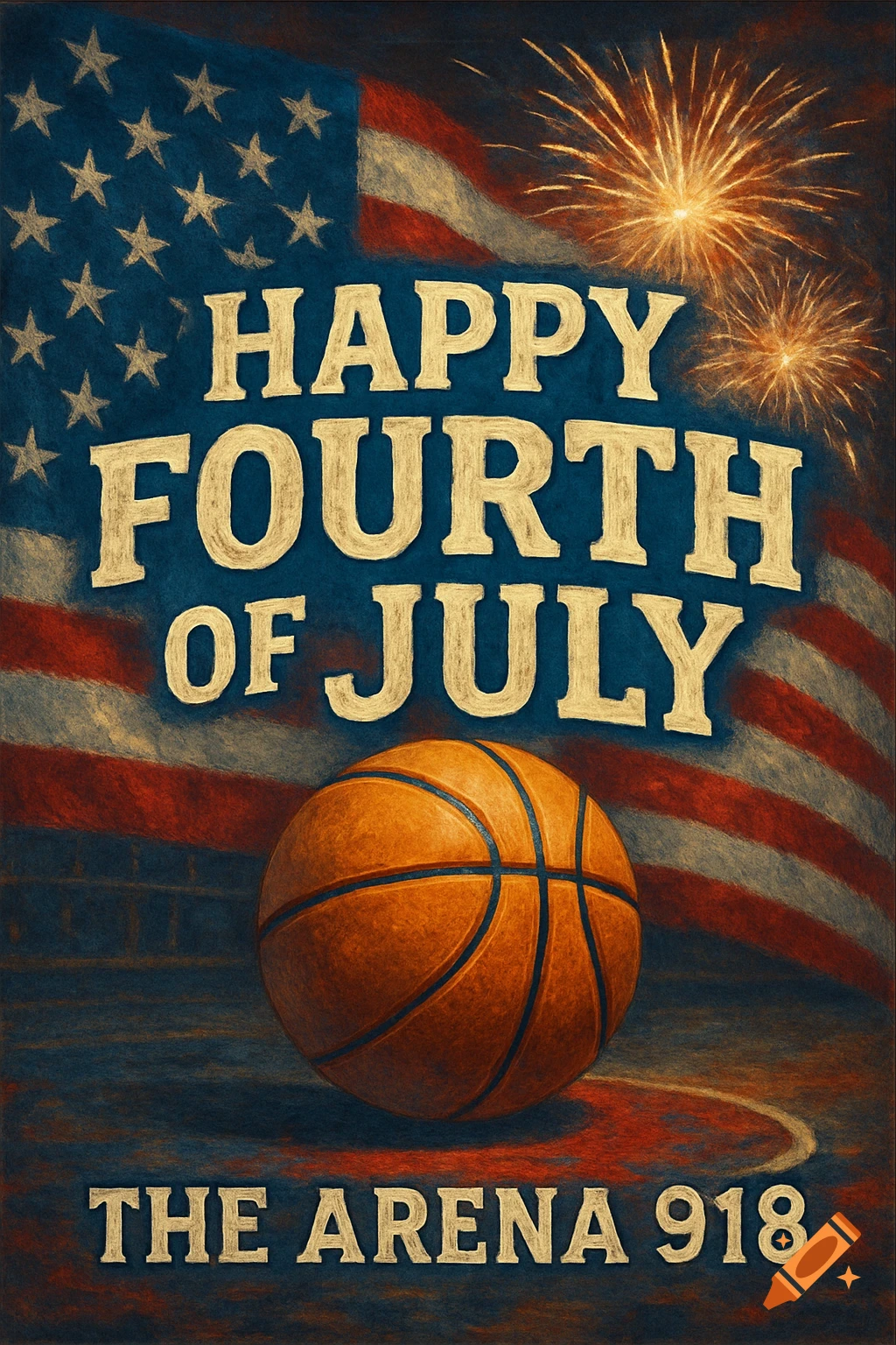 A textured poster with 'Happy Fourth of July' over an American flag, fireworks, and a basketball, with 'The Arena 918' below.