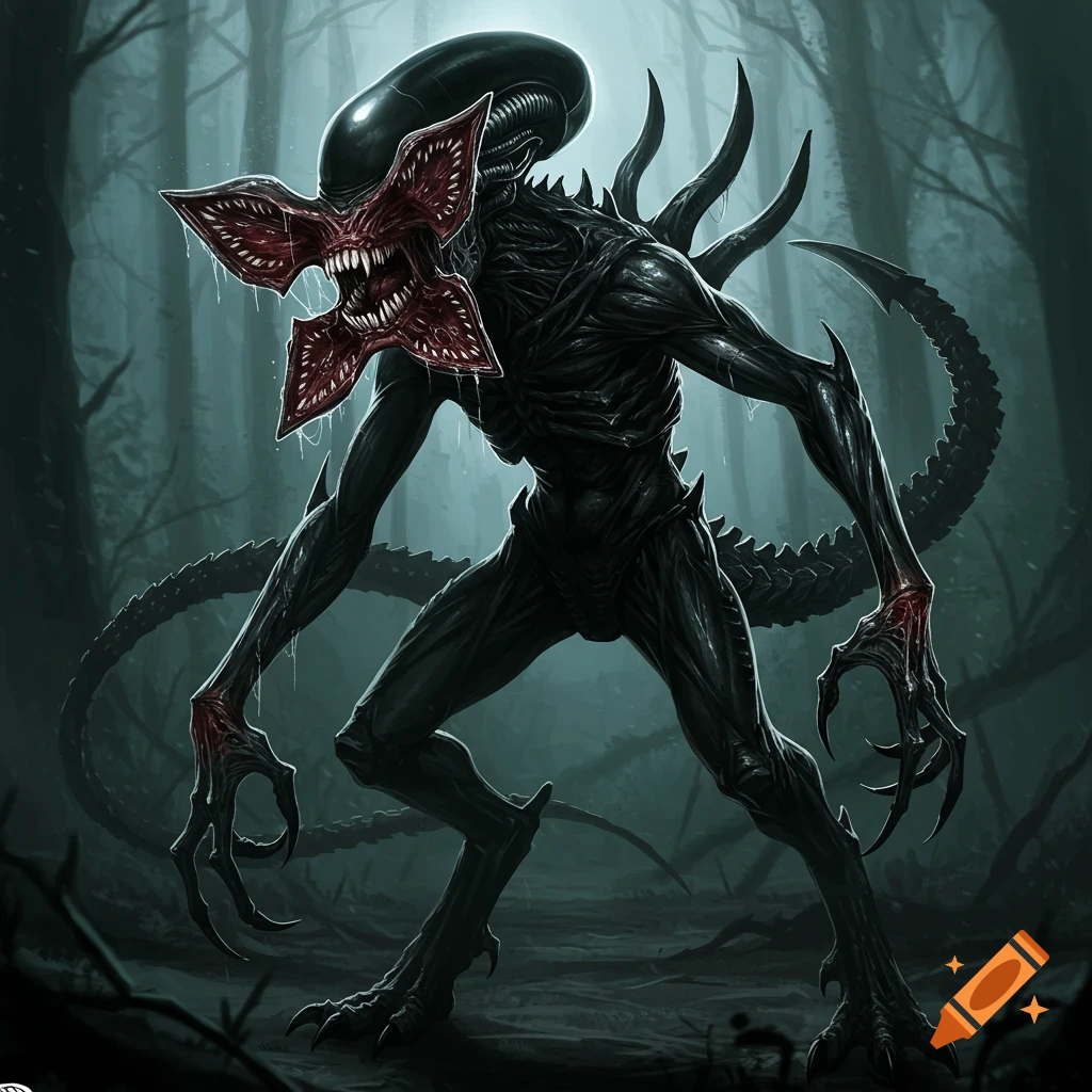 Dark illustration of a black, scaly xenomorph-demogorgon hybrid creature with a split-petal head in a misty forest.
