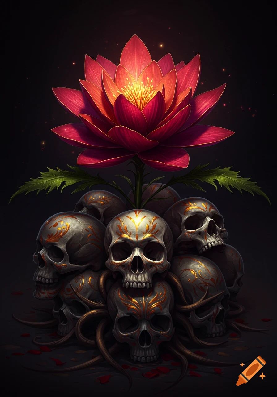 A vibrant red and orange lotus flower blooms from a pile of decorative human skulls on a dark background.