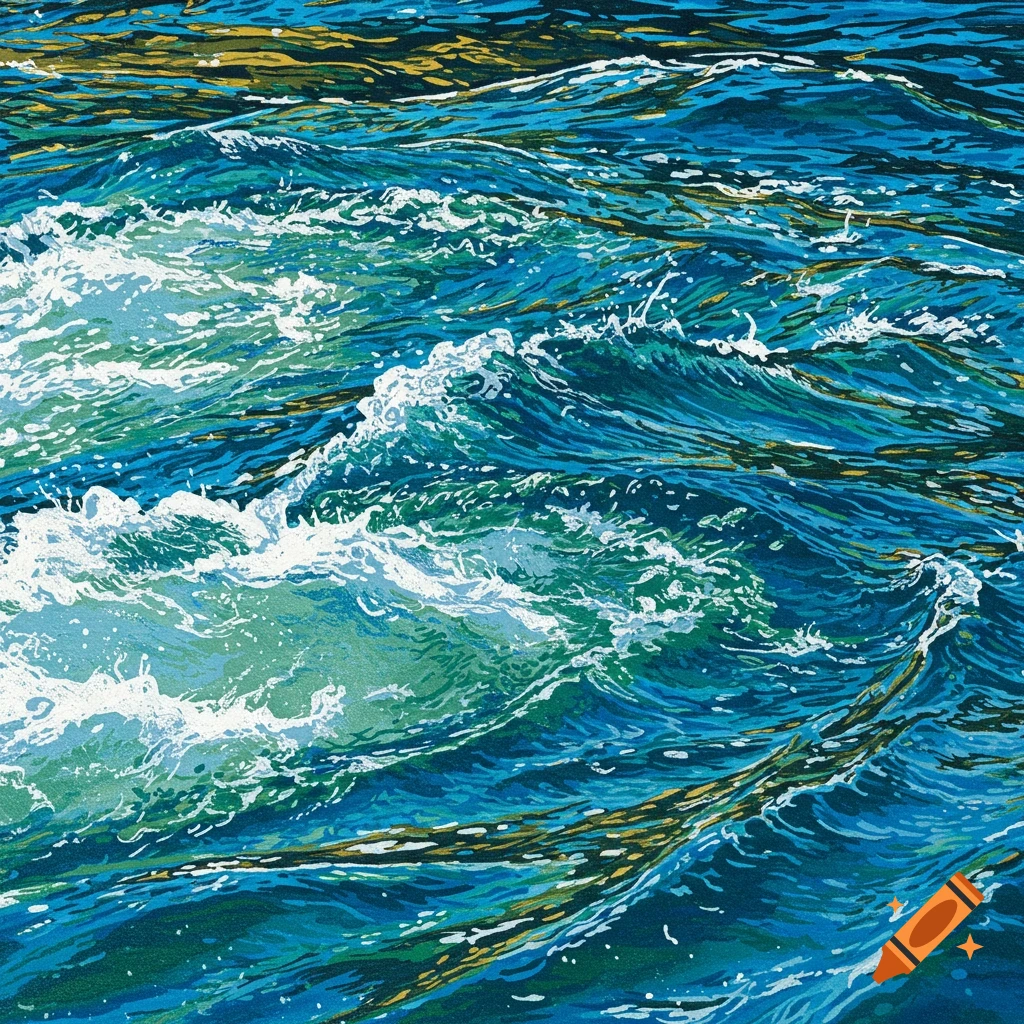 Highly stylized, detailed close-up of blue and green ocean waves with white foam, resembling a print.