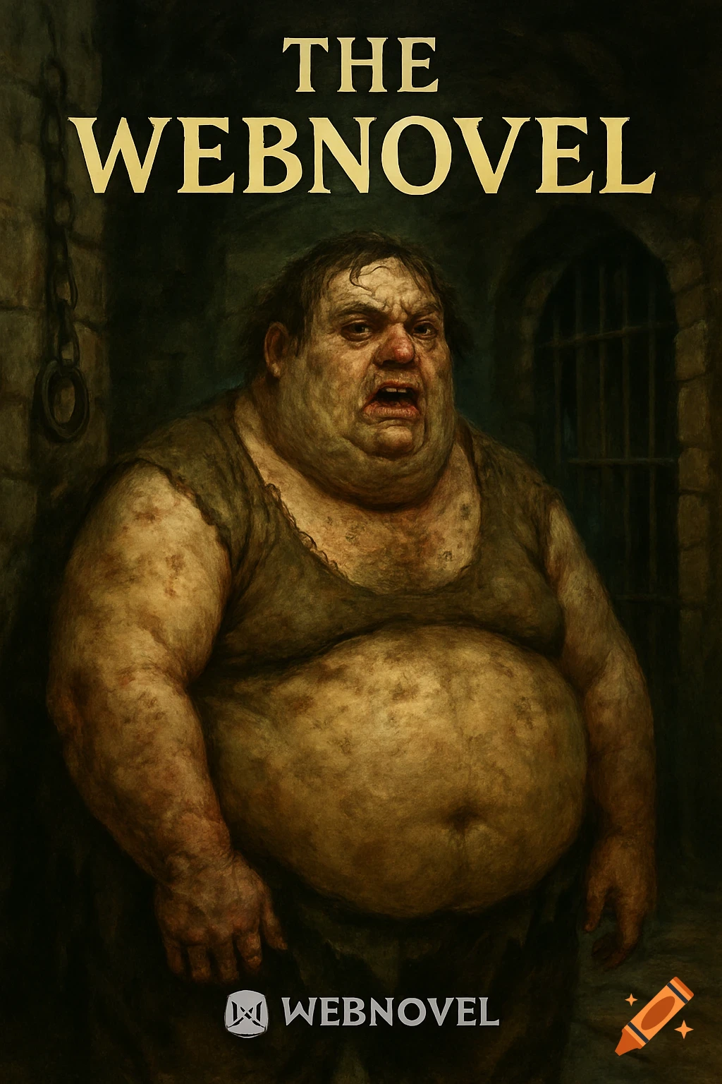 A distressed, obese man with a dirty undershirt stands in a dark dungeon, chains on the left, bars on the right. Text reads 'THE WEBNOVEL' at top and 'WEBNOVEL' at bottom.