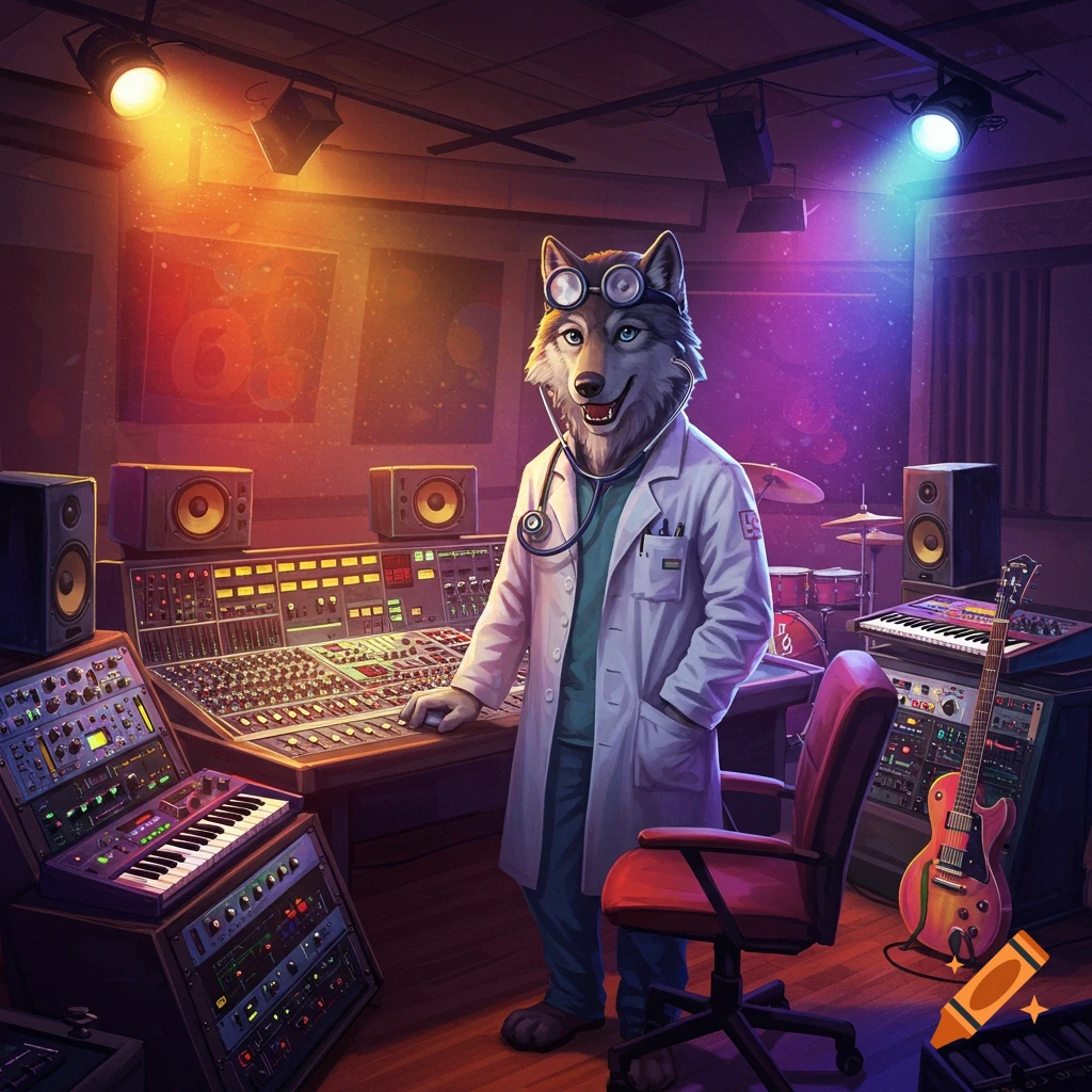 An anthropomorphic wolf in a doctor's coat stands in a vibrant music studio with a large mixing console and instruments.