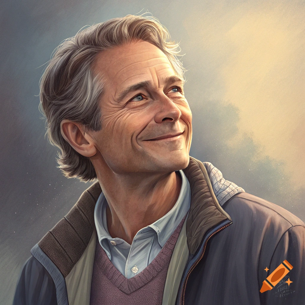 A detailed portrait of a smiling older man with gray hair looking upwards, with warm light in the background.