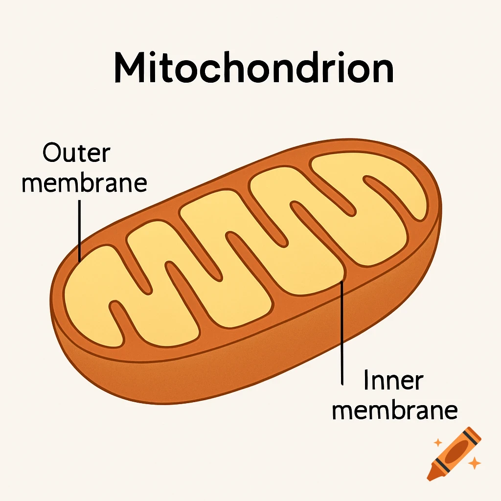 A simple diagram of a mitochondrion, labeled with its outer membrane and inner membrane.