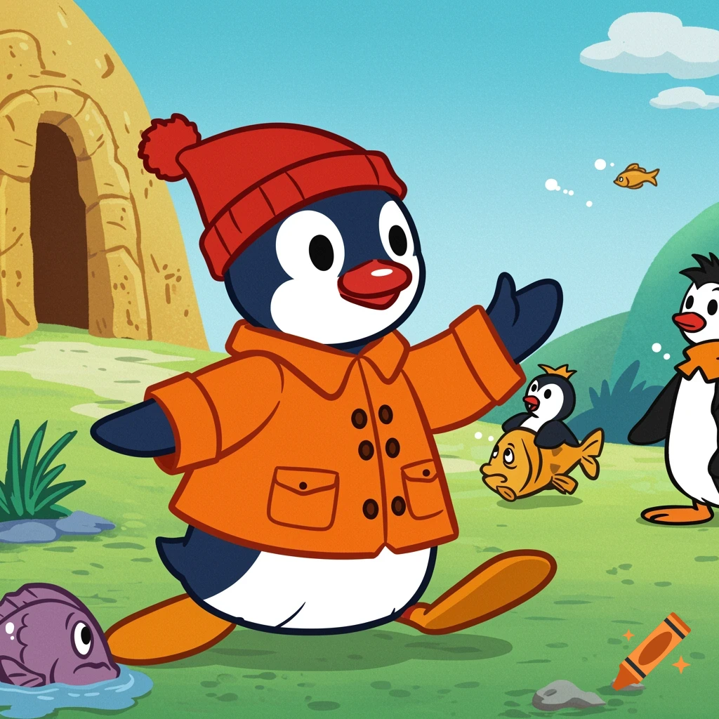 A cartoon penguin in a red hat and orange coat stands in a field with other penguins and fish, in a Hanna-Barbera style.