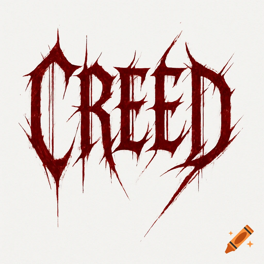 The word 'CREED' rendered in a jagged, red gothic font with a scratched, sinister appearance on a white background.
