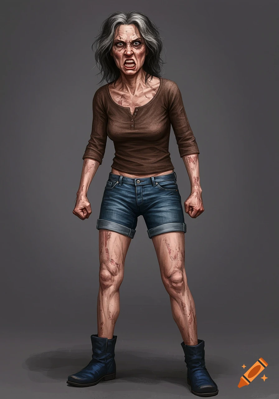 Digital illustration of an angry, rough-looking woman with grey hair, wearing a brown top, denim shorts, and blue boots, standing fists clenched.