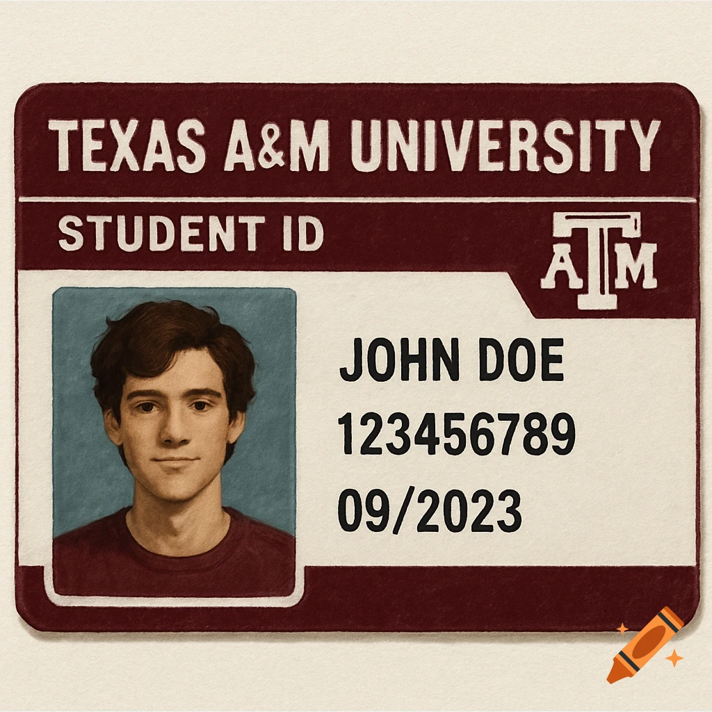 An illustrated Texas A&M University student ID card with a male student's photo, John Doe, ID number, and expiration date.
