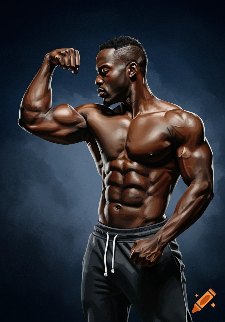 A muscular Black man in dark sweatpants flexes his right arm, showcasing his well-defined physique in a stylized portrait against a dark background.