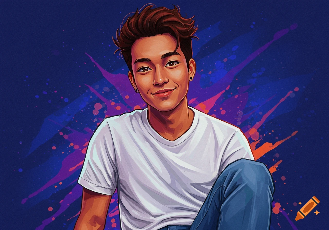 Cartoon illustration of a smiling young man with dark hair, wearing a white t-shirt, against a blue background with colorful paint splatters.