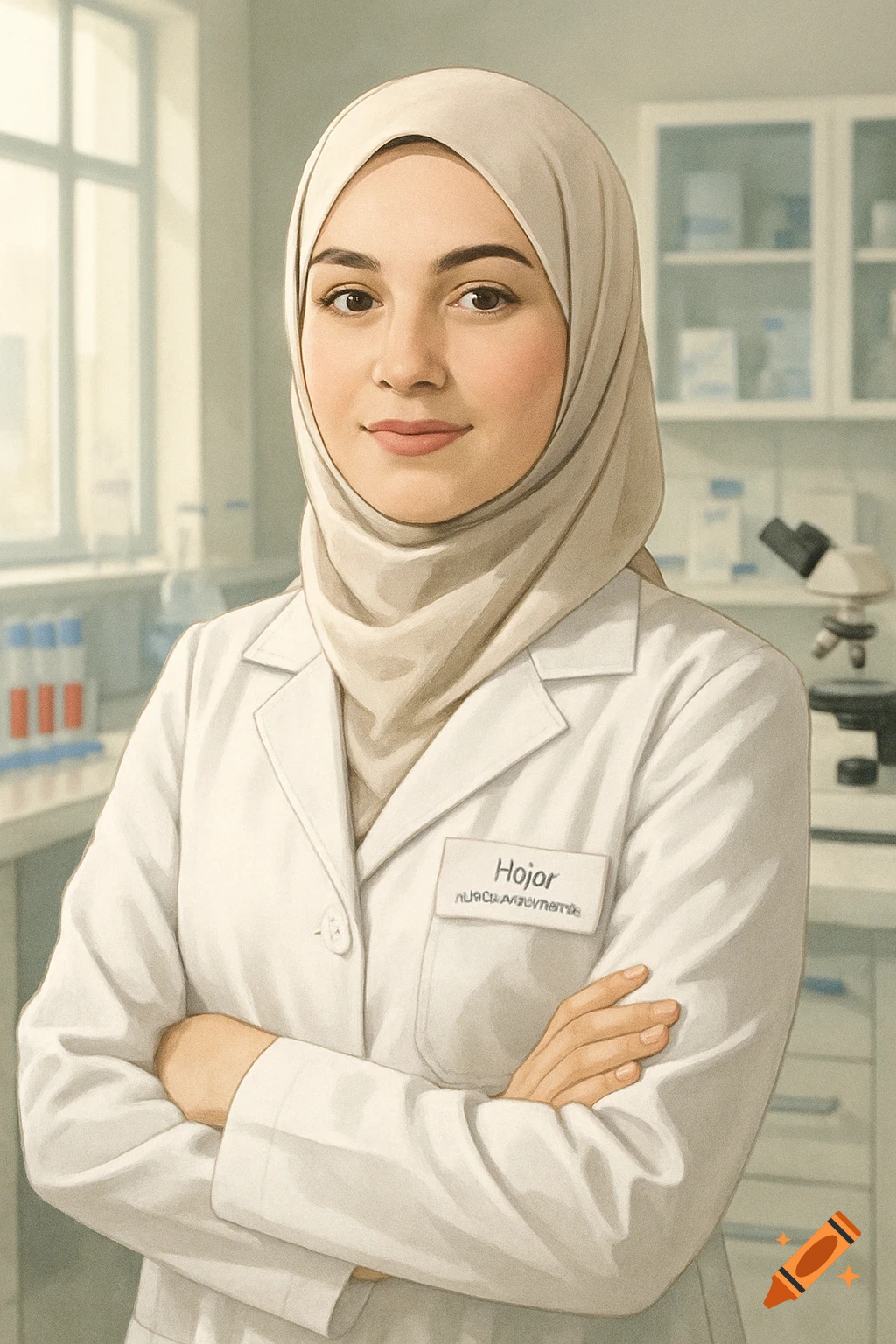 A confident young woman in a white lab coat and light hijab stands in a medical laboratory. Semi-realistic illustration.