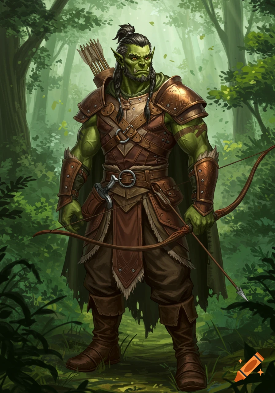 A stoic green-skinned male half-orc ranger stands in a forest, holding a bow with a quiver of arrows on his back and wearing elaborate armor.