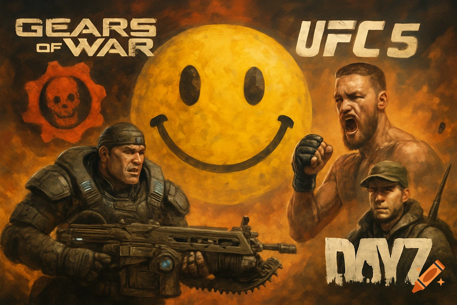 A stylized painting featuring characters and logos from Gears of War, UFC 5, and DayZ, with a large smiley face in the background.