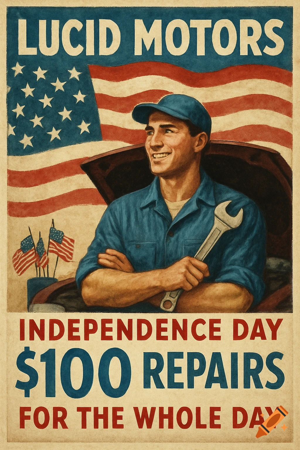 A vintage-style poster showing a smiling male mechanic with crossed arms holding a wrench, in front of an American flag. Text reads "LUCID MOTORS", "INDEPENDENCE DAY", "$100 REPAIRS", "FOR THE WHOLE DAY".