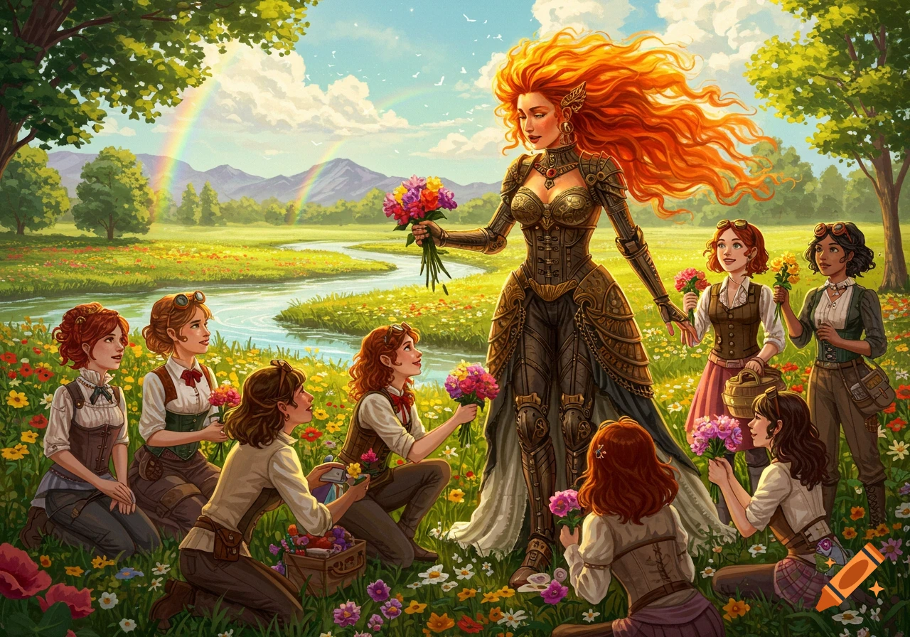 A redhead goddess in steampunk armor receives flowers from young women in a vibrant, sunlit meadow with a river and rainbow.