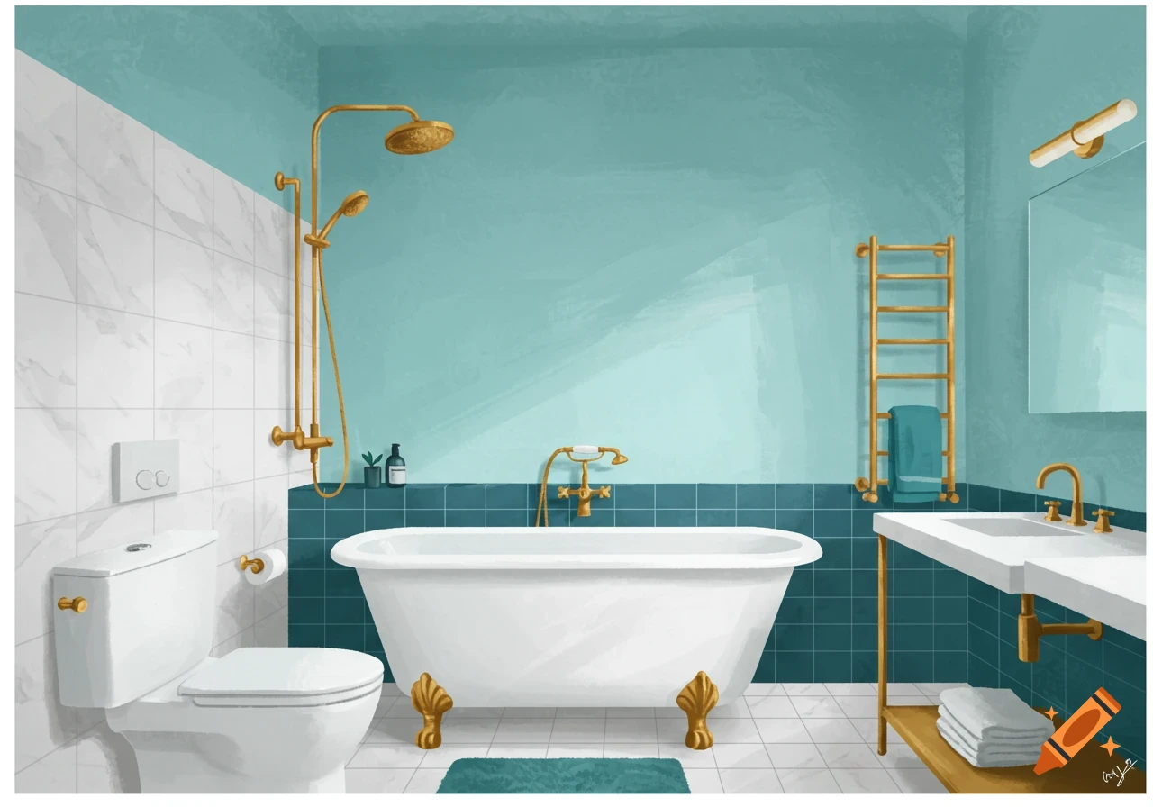 A beautifully illustrated bathroom with robin egg blue and white walls, a white clawfoot tub, and gold fixtures.