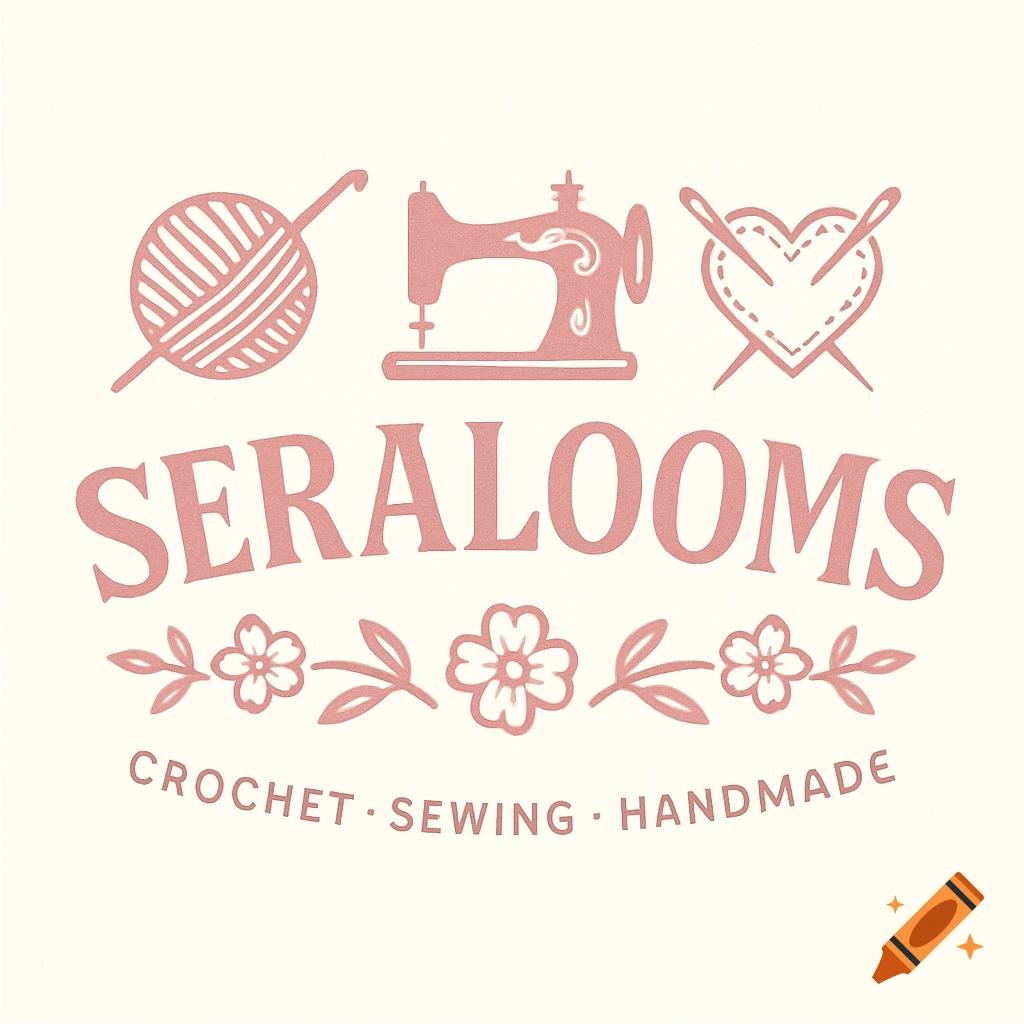Pink logo for 'Seralooms' on a cream background, featuring icons of a yarn ball, a sewing machine, and a heart with sewing needles. Below the name, floral elements separate the text 'CROCHET G SEWING HANDMADE'.